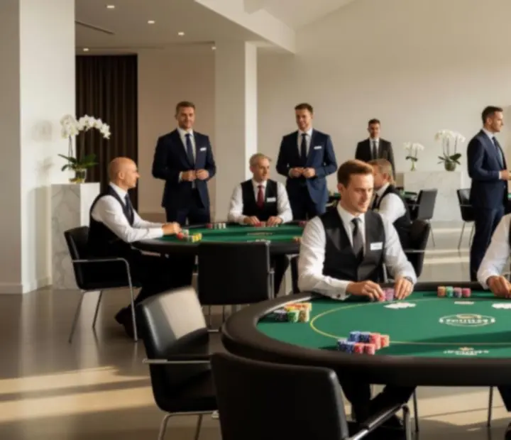 Profesjonalnie zaaranżowany rekreacyjny wieczór pokerowy z eleganckimi stołami i gośćmi w jasnym wnętrzu