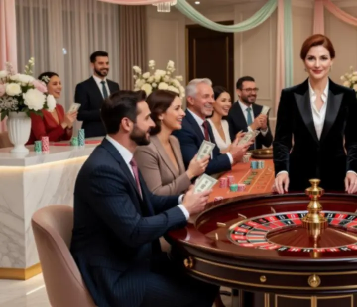 Stół ruletki otoczony gośćmi podczas eleganckiego eventu firmowego